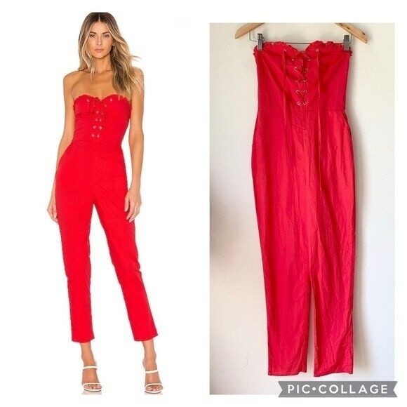 Revolve Pants - REVOLVE By Lovers + Friends Gino Strapless Lace-Up Jumpsuit in Red Size XL